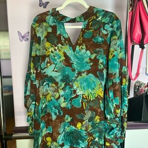 Cato Blue and Brown Mock Neck Bishop Sleeve Dress